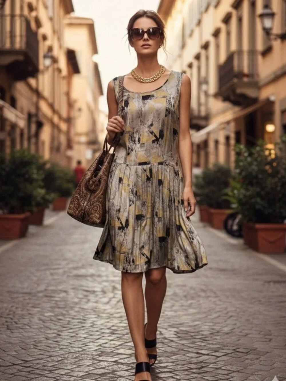 Etro x Neiman Marcus Silver Gold Black (Item-205) Silk Drop Waist Dress 46 US/10
